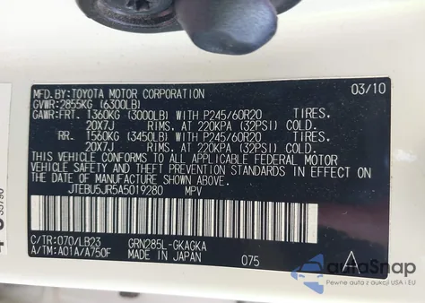 2010 Toyota 4Runner Limited V6 from USA, damaged, VIN JTEBU5JR5A5019280